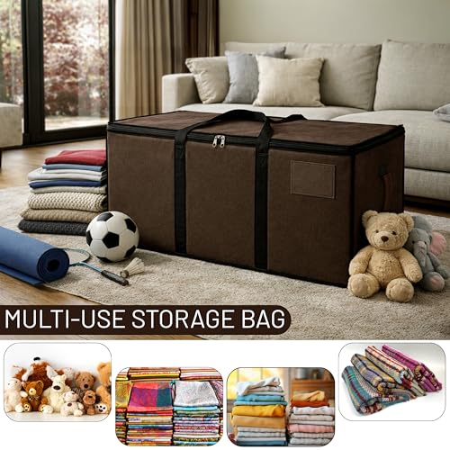 Image of Storite 2 Pack Multi-Purpose Heavy Duty Moisture Proof 81 Litres Canvas Super-Size Jumbo Underbed Storage Bag /Toys /Blankets /Stationery Paper /Clothes /Moving Bags (87x26x36 cm), Brown