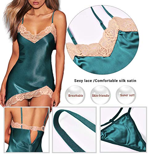 Pyroluna Satin Chemise Sexy Lingerie Halter Dress Lace Nightgown Sleepwear For Women (Xx-Large, Dark Green) #TOP4