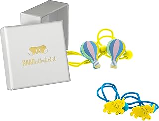 HAARallerliebst Juego de gomas para el pelo para niña (4 piezas, globo y elefante, amarillo y azul) para niñas, incluye caja para guardar (color de la caja: blanco)