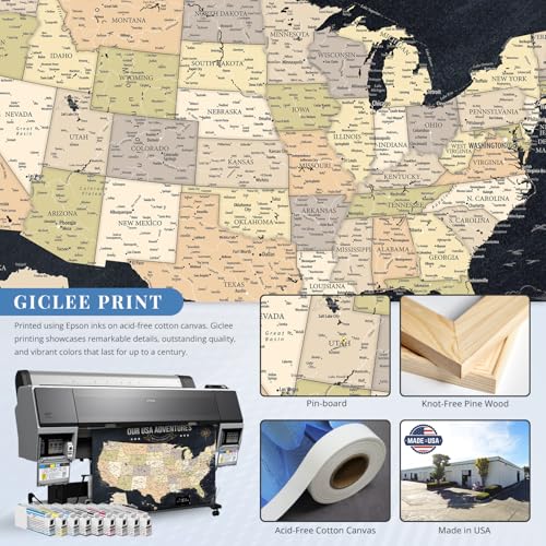 Image of IPIC - Vintage USA Travel Map, Pin Board Canvas Wall Art, Travel Map with Pins Included, Ready to Hang for Home or Office, 40x30 Inch