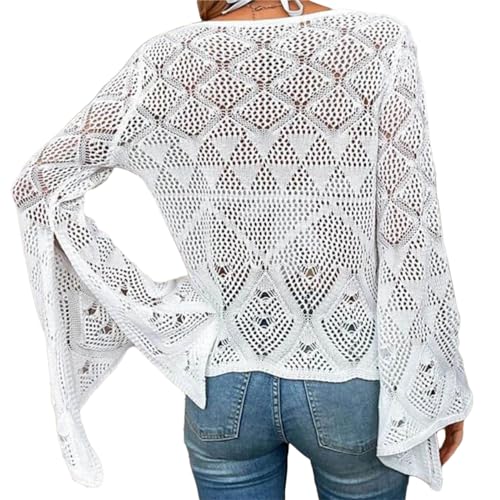 T-shirt au crochet pour femme en maille ajourée et manches longues pour le bain