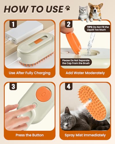 Image of Cat Steam Brush for Shedding, Pet Steam Brush for Cats and Dog, 4 in 1 Rechargeable Cat Hair Brush, Spray Anti-Static, Massage, Cleaning, Shedding & Combing All In One, for Long & Short Haired Pets!