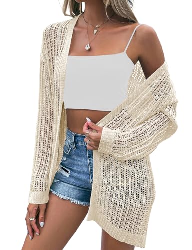 Image of Womens 2025 Summer Lightweight Cardigan Long Sleeve Open Front Loose Beach Crochet Cover Up