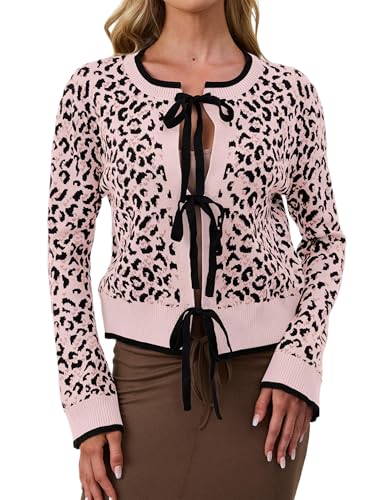 Image of Ythomm Women Leopard Print Bow Tie Cardigan Sweaters Long Sleeve Crewneck Open Front Knit Cardigan Coats Casual Loose Outwear
