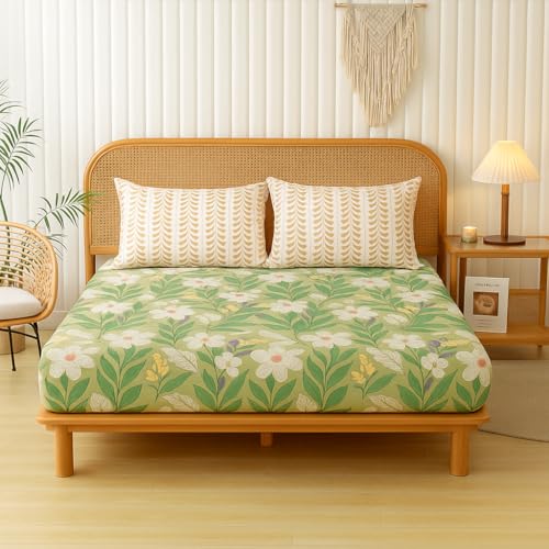 Image of VAS COLLECTIONS 100% Cotton Feel Bedsheet King Size (90x100) with 2 Pillow Covers | Soft, Breathable & Premium Printed (Olive Green)