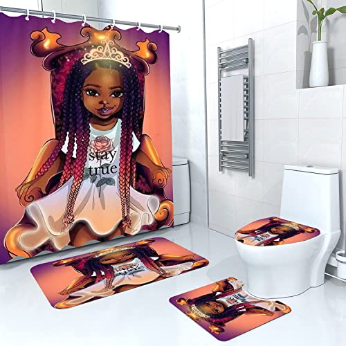 Xvwj Afro Kids Shower Curtain Set, Cute Black Girl Bathroom Sets With Shower Curtain And Rugs, Toilet Lid Cover, Bath Mat, Waterproof Fabric Shower Curtains With Hooks, African Shower Curtain Sets #TOP7