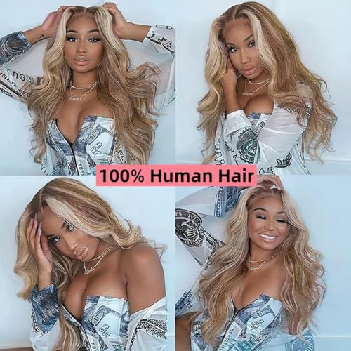 Image of 20 Inch 4 /613 Highlight Lace Front Wigs Human Hair 13x4 HD Transparent Brown Blonde Body Wave Lace Front Wigs Human Hair Pre Plucked Glueless Lace Frontal Wigs for Women