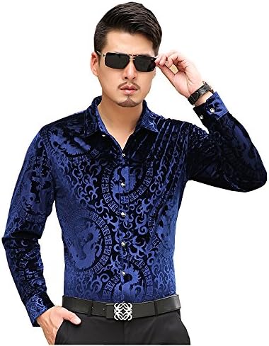 ISMEN Men's Casual Long Sleeve Velvet Dress Shirts Blue