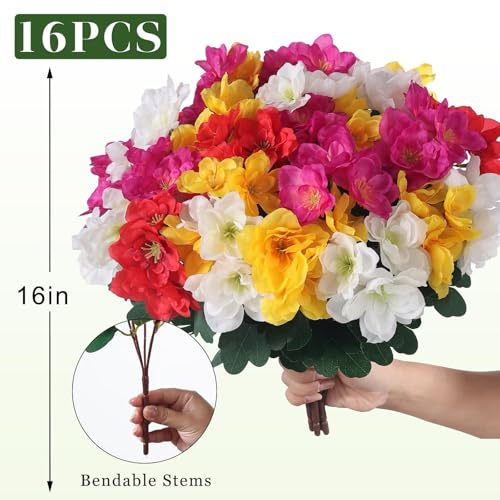 Image of 16 Bundles Artificial Flowers for Front Door, Fake Silk Azalea Bouquet Silk Flowers for Outside UV Resistant Realistic Faux Plants for Planter Farmhouse Patio Garden Walkways Home Decor (Mixed Color)