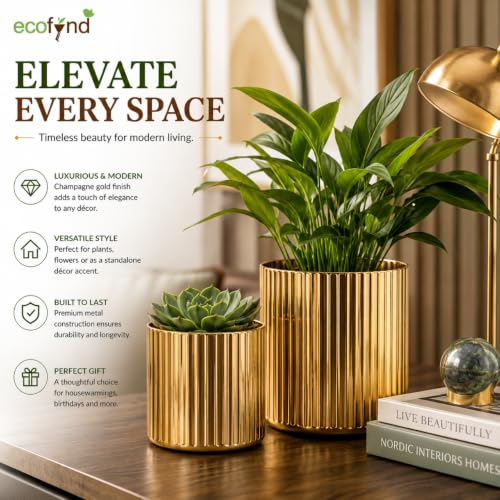 Image of ecofynd 2 Pack Metal Plant Pots (6 inch, 7.5 inch L), Indoor Small Planter Flower Pots, Home Garden Decor Planter for Living Room Bedroom Interior (Gold Finish, POT048)