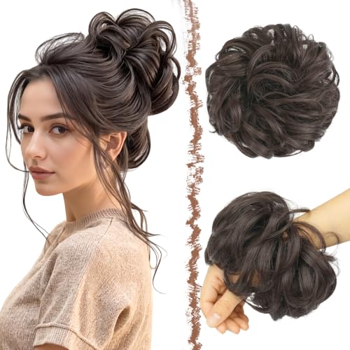FESHFEN Moños Postizos, Natural Rizado Ondulado Postizo Moño Sintético Extensiones de Cabello Pelo Desordenado Coleta Postiza para Mujer 55g, Marrón Oscuro