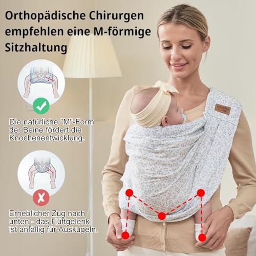 vrbabies Babytrage, Tragetuch Baby-Fronttrage von Neugeborenen bis Kleinkindern, New Upgrade verstellbare Babytrage auf einer Schulter für Babys 0-24 monate bis zu 40 lbs (Kleine blaue Blume)