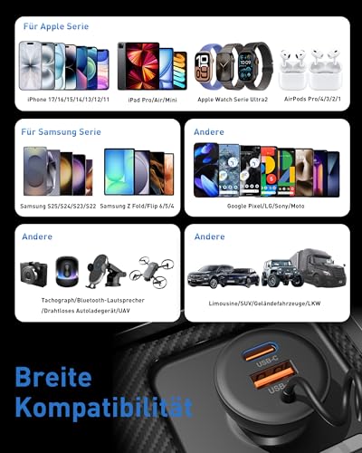 75W Zigarettenanzünder USB-C/A mit 1.2M Spiral Type C Ladekabel, Auto Ladegerät Kfz USB C Schnellladegerät Handy Car Charger 12V Adapter für iPhone 17e 17 16 16e 15 Pro Max, Samsung S26 S25 S24 Ultra