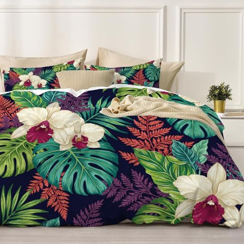 Housse de couette vert microfine motif feuilles d'orchidée tropicale