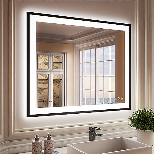 ISKM Framed LED Mirror for Bathroom 40"x32", Dimmable LED Bathroom Mirror with Lights, Anti-Fog, Front and Backlit Lighted Mirror 3-Colors, Shatterproof, Memory Function