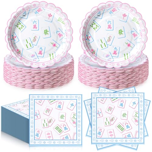 Havawish 96 Pcs Mahjong Plates and Napkins for 48 Guests Mahjong Party Supplies Cocktail Tableware Including Dessert Plates and Napkins for Bridal Showers Birthday Wedding Party