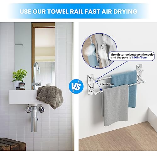 Mivcinn Towel Rail Wall Mounted (37-70CM) 14.6-27.6inch SUS304 Stainless Steel Towel Holders Self Adhesive 2-Tier Towel Rack with 2 Hooks Towel Shelf Bar Adjustable Towel Rack for Bathroom Kitchen - Image 4