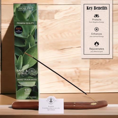 Image of HOSLEY Incense Sticks with Wooden Holder|120 Sticks Sage & Citrus Natural Fragrance|Infused with Essential Oils Agarbatti Sticks|Perfect for Home, Pooja,Meditation(Pack of 1)