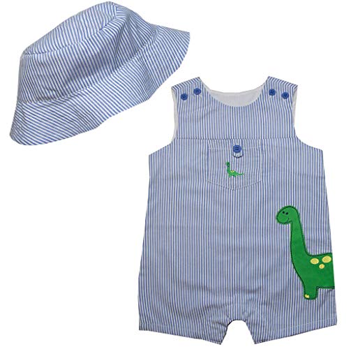 Good Lad Newborn/Infant Boys Appliqued Seersucker Shortall with Matching Seersucker Hat (6/9M, Blue)