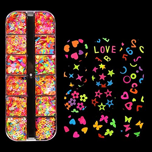 12 Grids Colorful Heart Nail Art Glitter Sequins 3D Holographic Mixed Pack Butterfly Star Letter Designs Glitter Flakes Acrylic Nail Supplies For Women Girls Manicure Decorations Accessories Set #TOP5