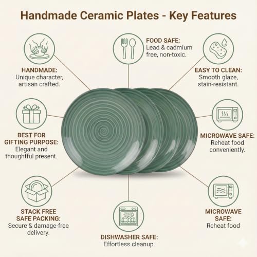 Image of Freakway Hand-Painted 'sea Swirls' Ceramic Quarter Plates Side Plates - 7.3 Inch Set of 4 Pieces Serving Platter Plates for Snacks & Dinner | Microwave & Dishwasher Safe | Green