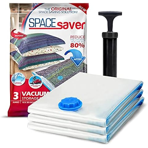 Spacesaver Vacuum Storage Bags (Jumbo 3 Pack) Save 80% on Clothes Storage Space - Vacuum Sealer Bags for Comforters, Blankets, Bedding, Clothing - Compression Seal for Closet Storage. Pump for Travel. Cover