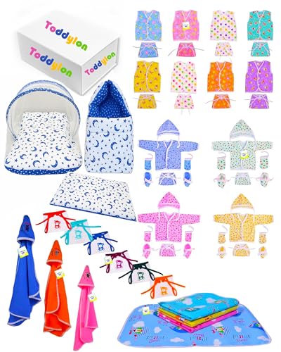 Image of Toddylon 56 in 1 New Born Baby Products All | Gift Packs | Maternity Kit | Baby Clothes | Baby Bedding Set | Essentials Items | Baby Shower | Combo Pack | Infants (Multicolor, 0-6 Months)