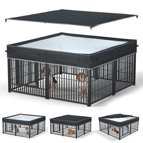 Dog Playpen Cover Reinforced with Waterproof Sunshade Curtain | 1680D Waterproof Oxford Cloth & Nylon Mesh | UV-Resistant, Waterproof, Breathable | Fits 32