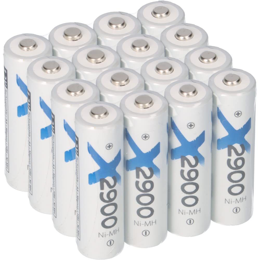 Lot de 16 piles NiMH Mignon AA - 2900 mAh - 1,2 V - Piles rechargeables haute capacité - Faible auto-décharge - Idéal pour flash - Manette Wii et Xbox (16 x AA)