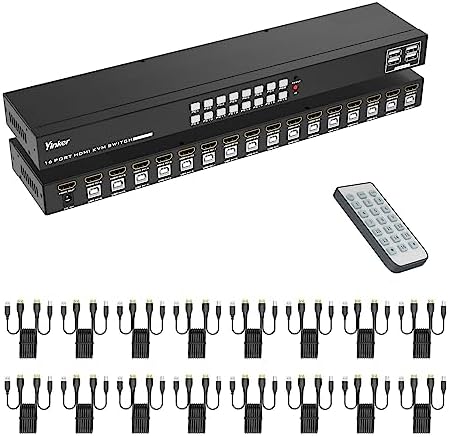16 Port KVM Switch Console HDMI 4K@30Hz + 16-Pack Cables for Data Center IT Lap System Management, 1U Rackmount