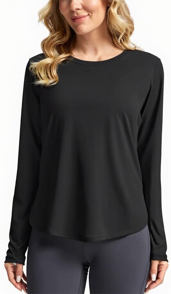 Women's Moisture-Wicking Long Sleeve Workout Tops Sun Protection Shirts | Stretchy Quick Dry Gym Hiking Running UV Shield Shirt with Back Reflective Dots