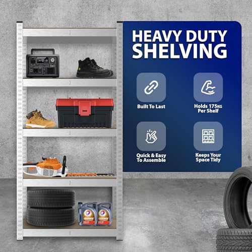 Zeno 5-Tier Garage Shelving Units | Set Of 2 Shelving Units | Heavy Duty Garage Shelving | Shelving Unit For Storage | Metal Storage Shelves | Easy To Assemble | 875KG Load Capacity (Silver, Regular) - 3