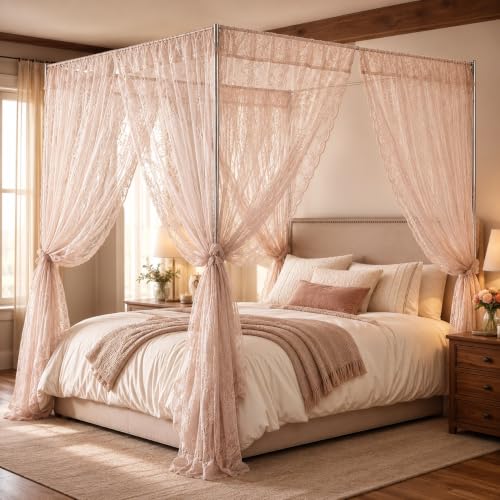 Lace Canopy Bed Curtains Set, 4 Corner Double Layer Mosquito Net (Pink)