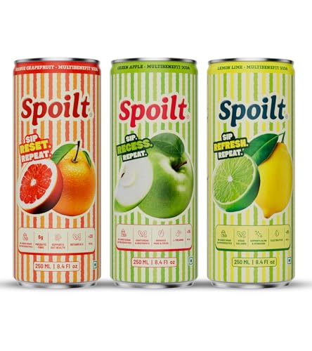 Image of Spoilt Sparkling Soda | Orange Grapefruit, Green Apple, Lemon Lime | Variety Pack | Real Fruit Juice & Natural Flavours | Monk Fruit Sweetened | Sugar Free | Pack of 3 | 250ml Each
