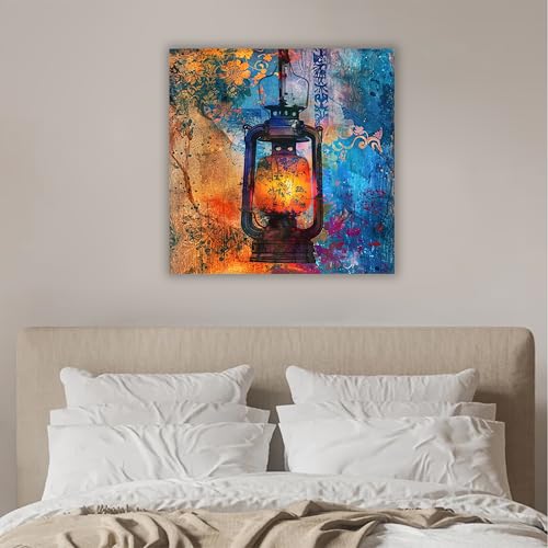 Image of PAINTINGMANTRA Vintage Lantern Artwork Stretched Canvas Painting for Living Room | Rustic Abstract Lantern Wall Decor Art For Livingroom, Bedroom, Office, Hallways - 22x22 Inch