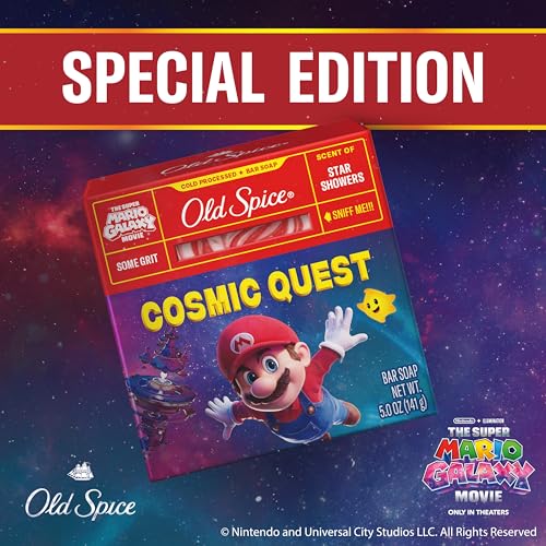 Image of Old Spice Bar Soap for Men, x The Super Mario Galaxy Movie, Cold Pressed with Grit, Made Up Of Natural Oils & Plant Based Cleanser, Star Showers with Juicy Pear & Cedarwood Scent,5 Ounce (Pack of 12)