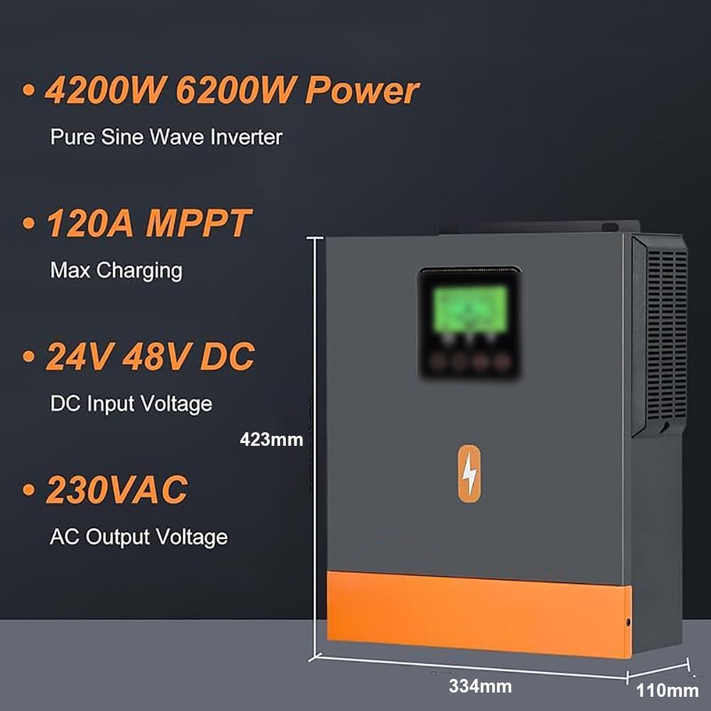 Inverter Ibrido Con Accumulo Di Energia Solare,Inverter Integrato On/Off Grid,24V-4,2Kw/48V-6,2Kw,Regolatore Di Carica MPPT Integrato Da 120A,3 Modalità Di Ricarica,Alimentazione Di Rete,4.2KW