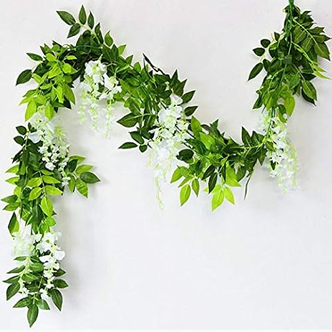 Yesoa 2 x 7FT Artificial Wisteria Vine Garland Plants Foliage Flower Hanging Flower Outdoor for Wedding Party Home Garden Wall Decoration, White Cover