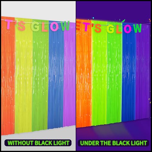 Image of Glow in The Dark Tinsel Curtains 2 Pack - 3.3x6.6ft UV Reactive Fluorescent Party Backdrop for Neon, Birthday, Pride Decorations, Pre-Taped, Lightweight Waterproof
