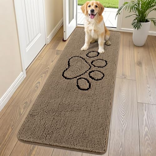 Image of Smiry Dog Door Mat for Muddy Paws, Absorbent Dirt Trapper Non Slip Quick Dry Washable Chenille Mat for Mud Dogs, Entry Rug for Indoor and Outdoor (70x24 Inches, Camel and Black)