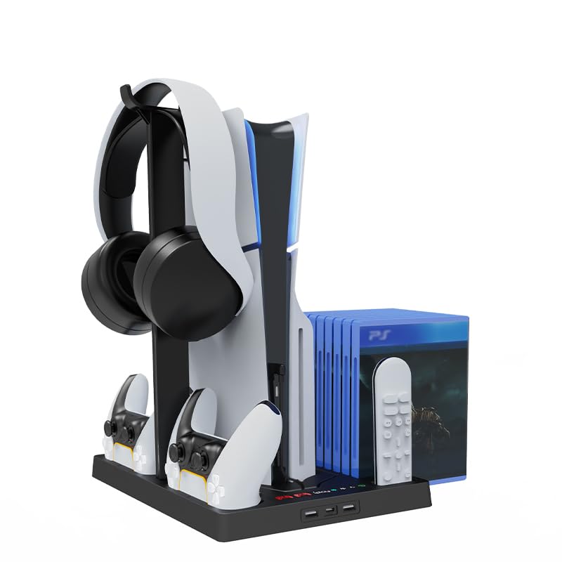 Base di raffreddamento della console per PS5/PS5 Slim, stazione di raffreddamento verticale con supporto per cuffie per il caricatore del controller e la memorizzazione del disco (Nero)