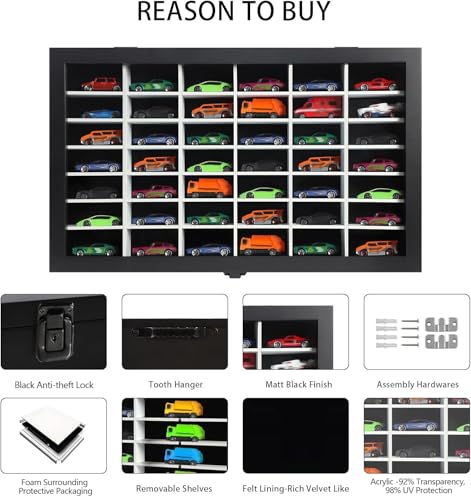 Image of Diecast Model Car Display Case 1 /64 Scale Toy Cars Organizer Storage Cabinet Wall Mount with Acrylic Glass Door & Removable Shelf - Holds Up to 42 Cars, Large-Black