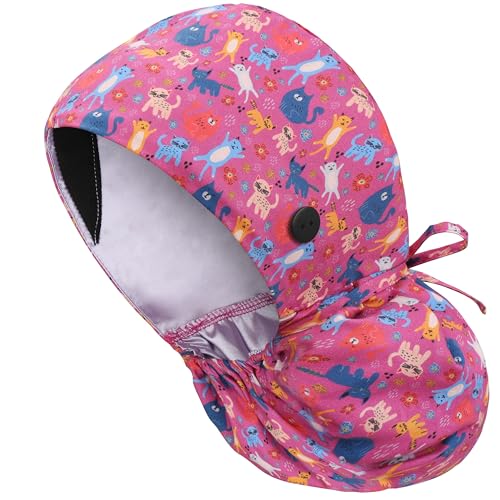 Satin Lined Scrub Cap for Women, Bouffant Nurse Cap with Sweatband and Buttons, Adjustable Surgical Hat for Curly Hair, Braids, Long Hair and Buns, Crayon Cat