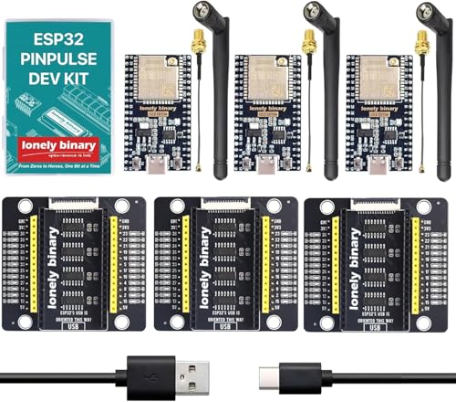 Image of Lonely Binary 3-Pack ESP32 WROOM-32UE IPEX Antenna GPIO LED for Arduino | 3 boards + antennas + PinPulse shields; WROOM-32UE, external 2.4GHz, extended range; dual M /F headers; MicroPython, ESP-IDF