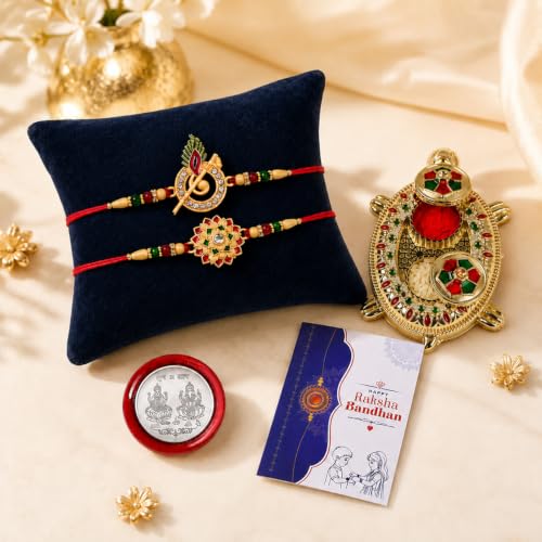 Image of Oblivion Kundan Lotus and Krishna Morpankh Rakhi Pair for Brother with Metal Pooja Thali, Two Dabbas, Roli Chawal, Coin and Greeting Card
