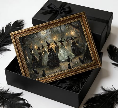 Vintage Gold Framed Canvas Wall Art Dark Academia Gothic Black Cat Painting Picture Wall Decor Halloween Moody Aesthetic Witches Dancing Scene Forest Poster Print Artwork for Living room Bedroom — view 5