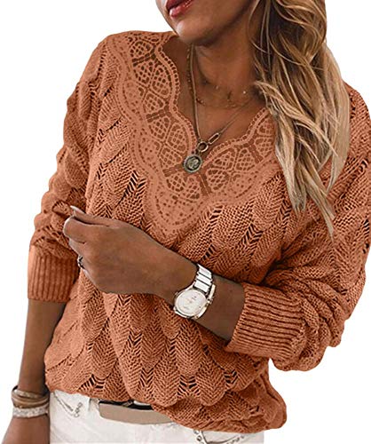 Yousify Women Lace V Neck Long Sleeve Pullover Sweaters Lightweight Knit Solid Color Novelty Jumper Tops