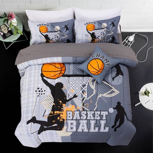 A Nice Night Twin Comforter Set 6 Piece Bed-in-a-Bag with Comforter & Sheet Set for All Seasons Basketball Court with Sportsman Slam Dunk Printing for Kids Teen Boys Gray