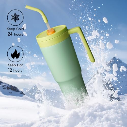 Image of Konokyo 12 Pack 40 Oz Tumblers with Handle and Straw, Bulk Vacuum Insulated Stainless Steel Travel Mugs with Lids for Office, Events and Group Orders Lime