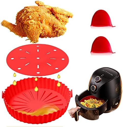 MEKAFU Air Fryer Silicone Liner, 9.5in Large Air Fryer Silicone Pot with Oil Filter Mat and Mitts, Air Fryer Oven Basket, Reusable Oven Accessories,Non-stick Food Safe, Dishwasher Safe, for 6QT or Bigger